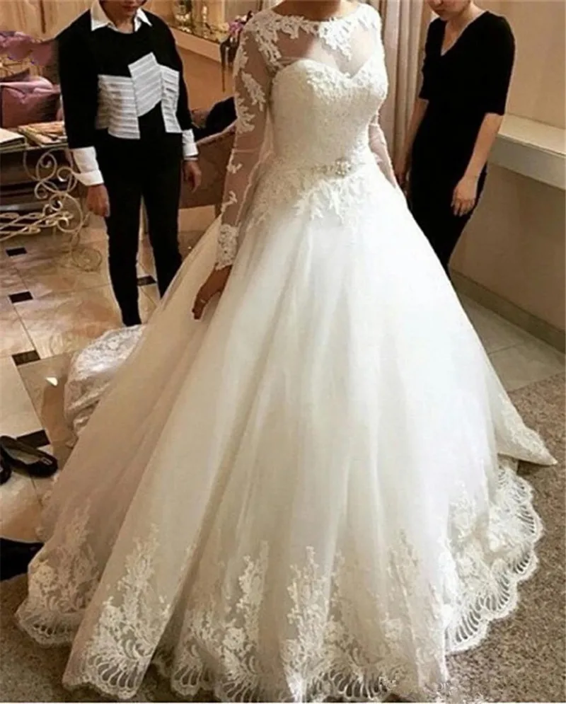 2019 CustomIllusion свадебное платье с круглым вырезом с аппликацией и длинными рукавами развертки бальное платье для процессии Свадебное платье