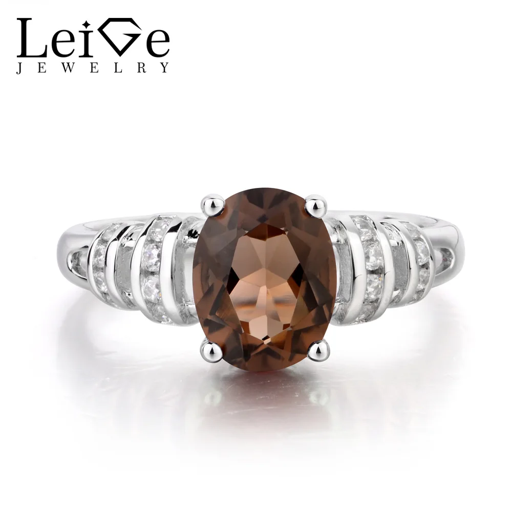 Leige Jewelry Natural Smoky Quartz Ring Anniversary Ring Oval Cut Brown