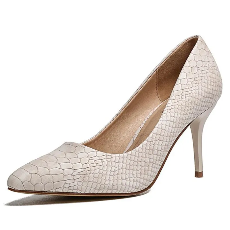 

2018 Women Pumps Fashion Design 8CM High Heels Shoes High Quality Snake Pattern Styles Genuine leather Casual Shoes Woman white