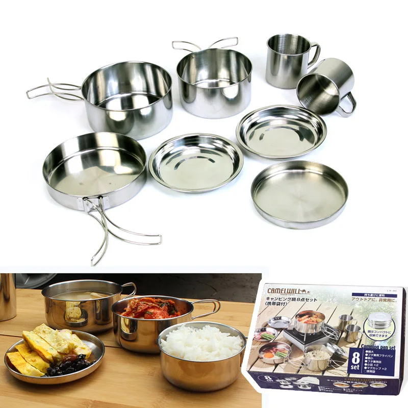 8 unids de acero inoxidable Picnic al aire libre olla Pan Kit de placa de taza de cubierta de cocina Camping senderismo mochila de utensilios de cocina