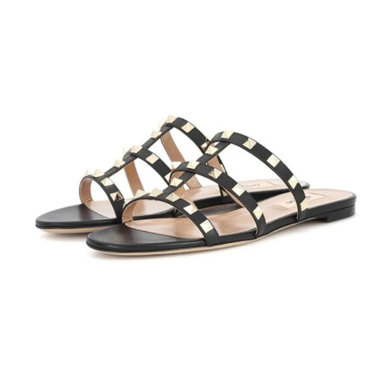 

Famous Brand Genuine Leather Ladies Slippers Sandals Women's Shoes Rivets Gladiator Sandals Designer Shoes Women Luxury 2018