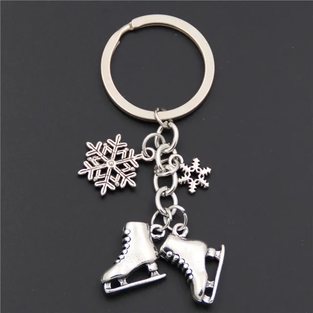 1pc Antique Silver Ice Skates Snowflake Pendant Key Ring Skating Key