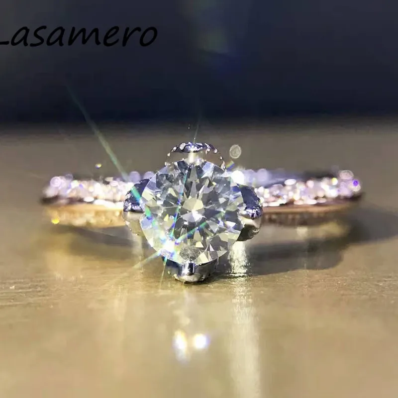 LASAMERO кольцо для женщин 0.60ct круглая огранка кольцо с натуральным бриллиантом акценты 18 К два тона золото Половина Вечность помолвка обручальное кольцо