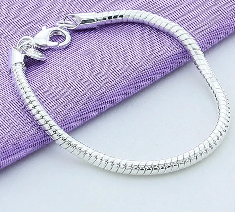 1 Pcs 925 Sterling Silver Lobster Clasp Snake Chain Fit European Charm