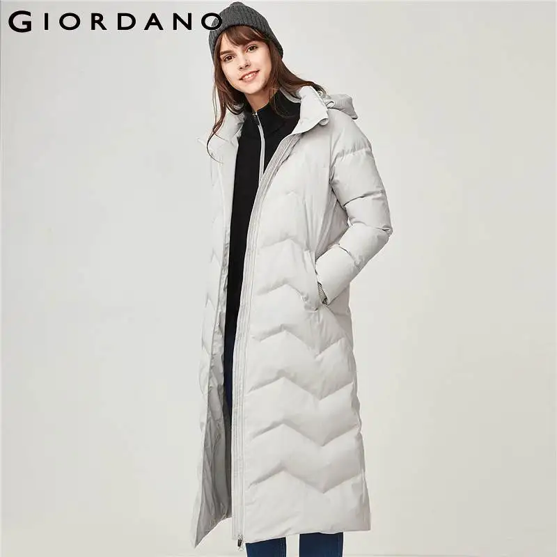 Giordano длинный женский пуховик со съемным капюшоном выполнен в трёх разных