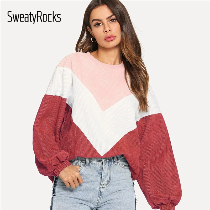 SweatyRocks عارضة Colorblock أسقف كم كودري البلوز طويل كم جولة الرقبة البلوفرات 2018 الخريف النساء بلوزات