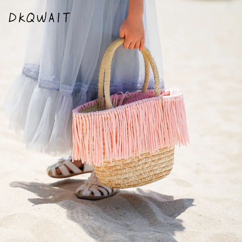 

New Women Straw Woven Bag Knitting Ladies Handbag Tassel Shoulder Designer Beach Crossbody Messenger Cute Bucket Luxury Brand