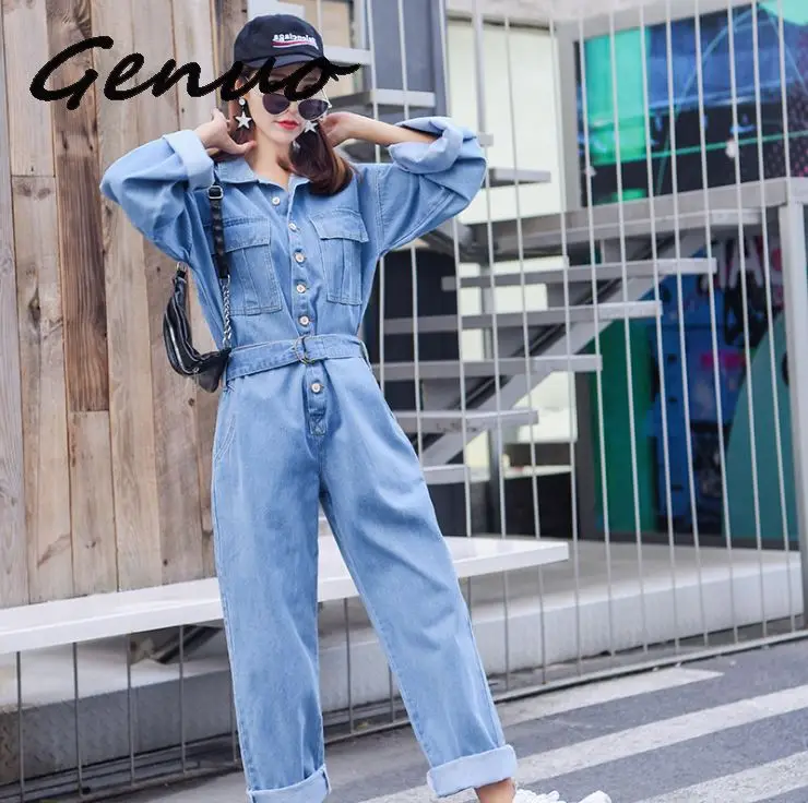 Genuo элегантный BF уличная женский джинсовый комбинезон брюки 2019 осень длинный рукав Высокая талия ретро джинсы Комбинезоны женские