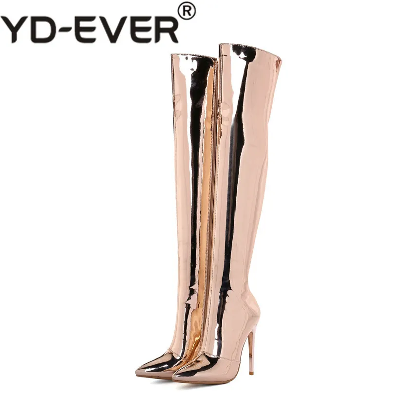 

2018 New Plus Big Size 33-43 Rose-gold Silver Zip 12CM High Heel Sexy Over The Knee Thigh High Autumn Winter Women Boot X1702