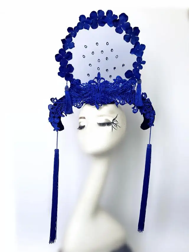 Китайский стиль синий и белый фарфор серии головной убор подиума тиара преувеличенный головной убор Хэллоуин головной убор для маскарада