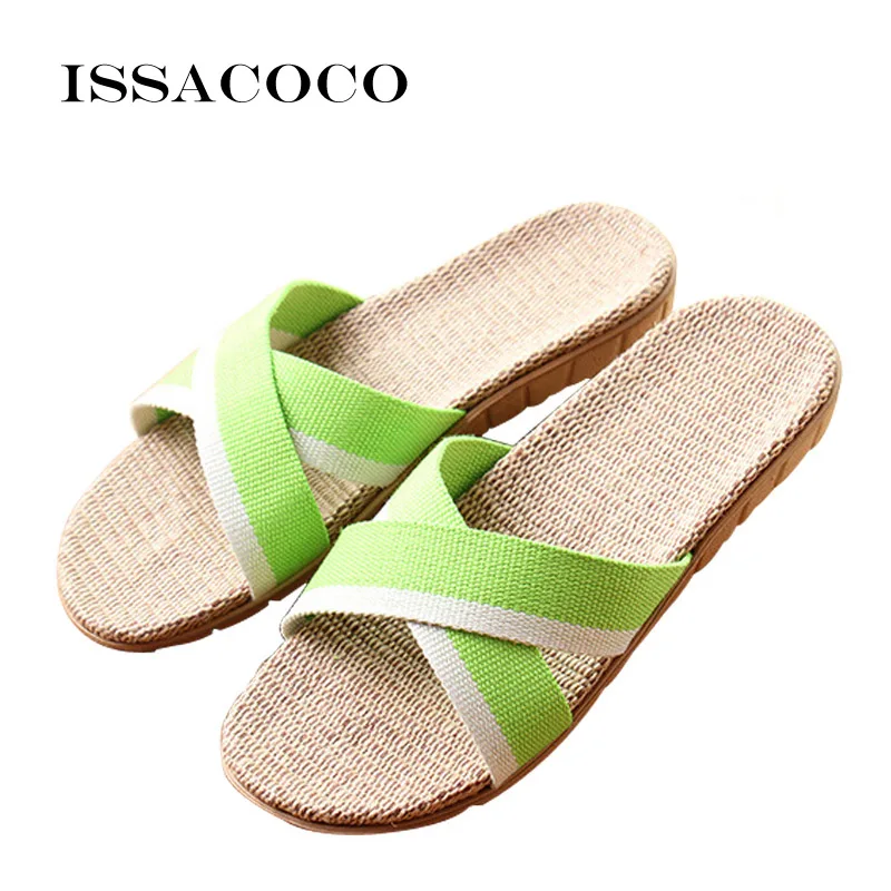 ISSACOCO/новые женские летние льняные тапочки с перекрестной шнуровкой разноцветные льняные тапочки из пеньки домашние шлепанцы пляжные шлепанцы Zapatillas - Цвет: Green