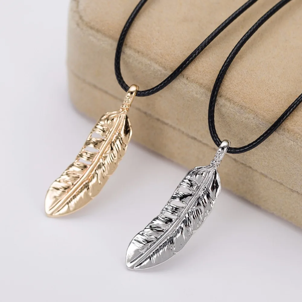 New Arrival Feather Design Pendant Necklaces Black Leather Rope Chain