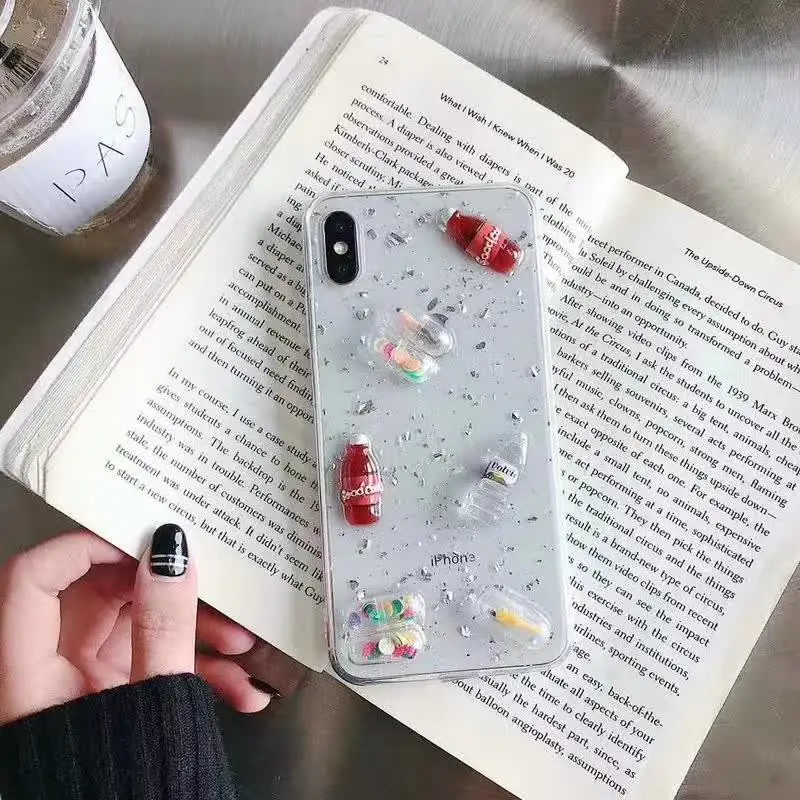 

3D beverage bottle Phone Cases For iphone8 case Glitter Transparent Silicon Cover For iphone6 6s 7 8plus XR XS MAX XS case Capa