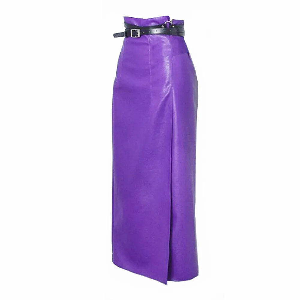 Элегантная фиолетовая длинная юбка из искусственной кожи с высокой талией, Женская облегающая юбка миди с разрезом, юбка макси, Faldas Largas Mujer Femme