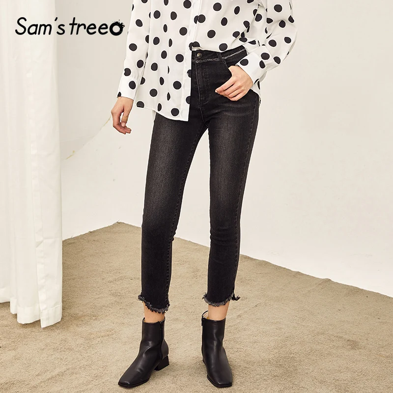 

Samstree Winter Women Jeans Fringed Edge Female Straight Calf-Length Jeans Asymmetrical Leg Opening Slim Lady Bottom