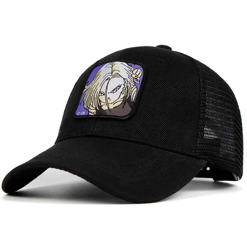 Goku сетчатая Кепка Dragon Ball Z Snapback BULMA хлопковая C-18 Saiyan бейсболка для мужчин и женщин хип-хоп кепка для водителя грузовика летняя Прямая поставка - Цвет: Черный