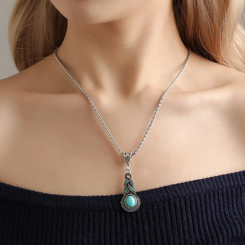 European And American Style Drop Set Retro Pattern Blue Crystal Jewelry Zircon Boho Party Set Necklace Earrings jewelry sets jewelry set women earrings chain necklace