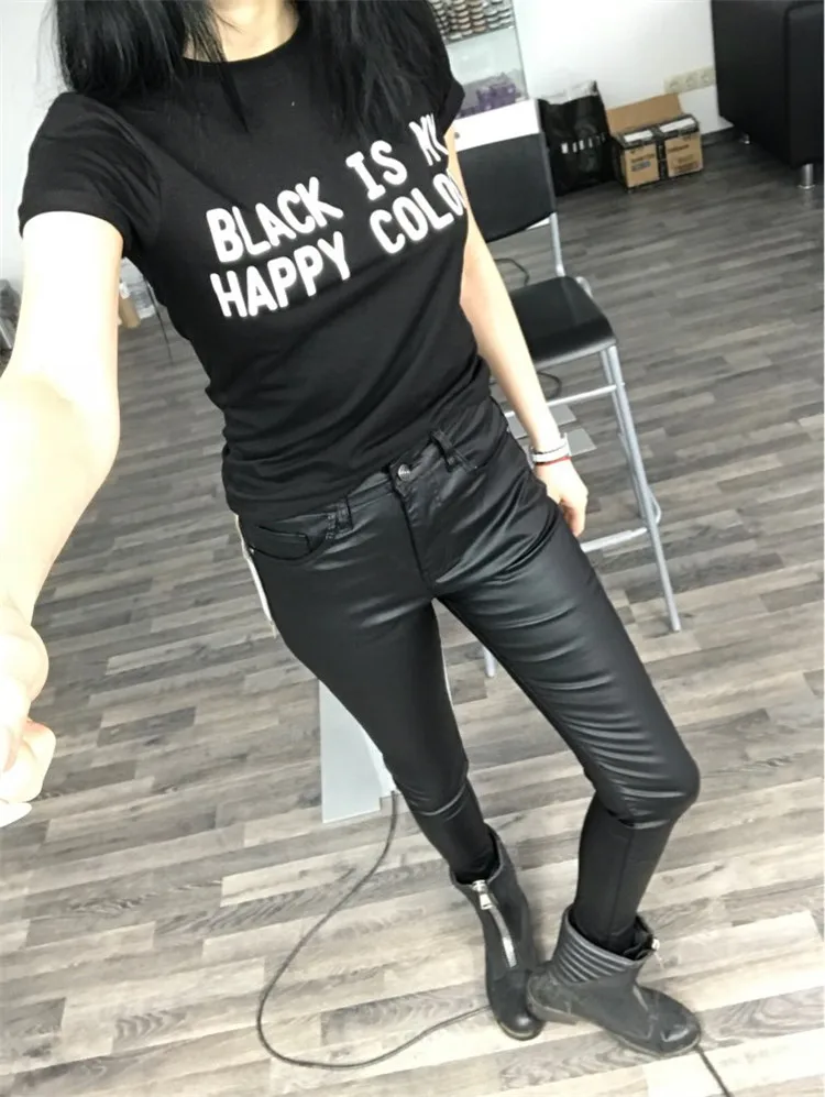 European and American women's high waist slim body elastic coating imitation leather trousers jeans small foot trousers PU pocket locomotive model 100 big size (31)