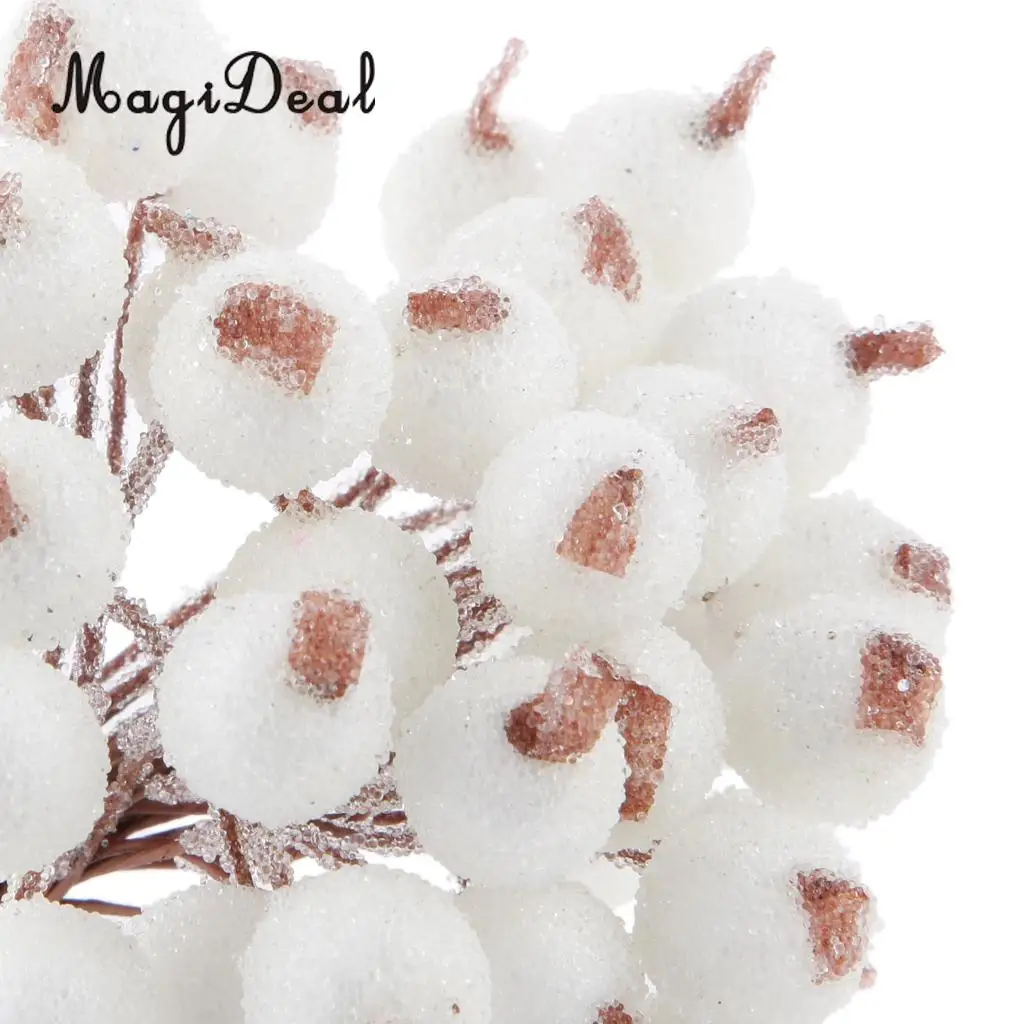 MagiDeal Fake Flowers 200x Mini Christmas Frosted Fruit Berry Holly Artificial Flower Decor for Christmas Tree Decoration White