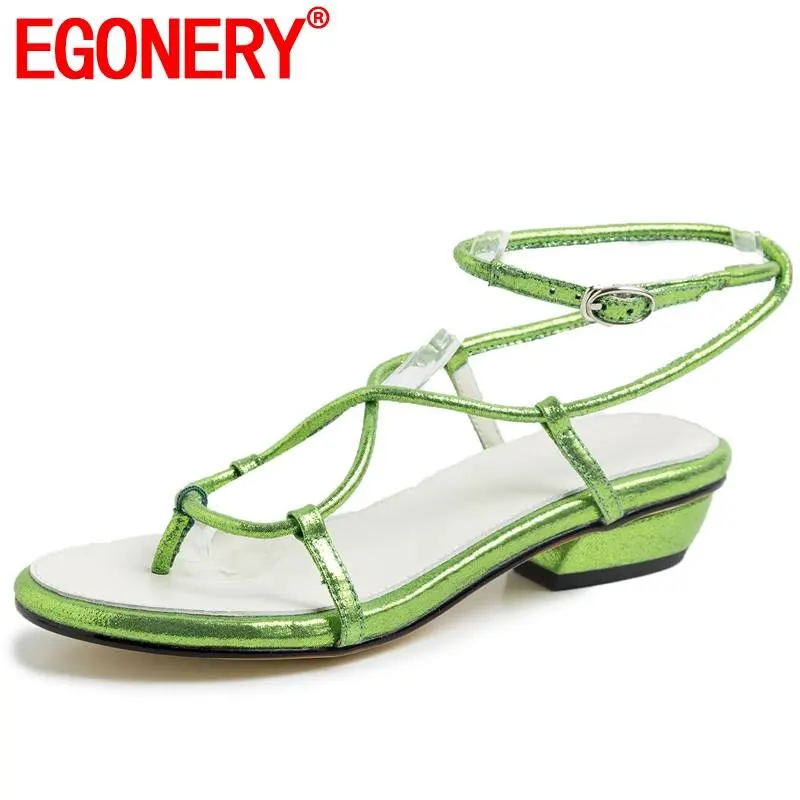 

EGONERY beach woman sandals casual sheepskin leather insole 3.5cm mid heels shoes green gold black rome shoes plus size 33-43
