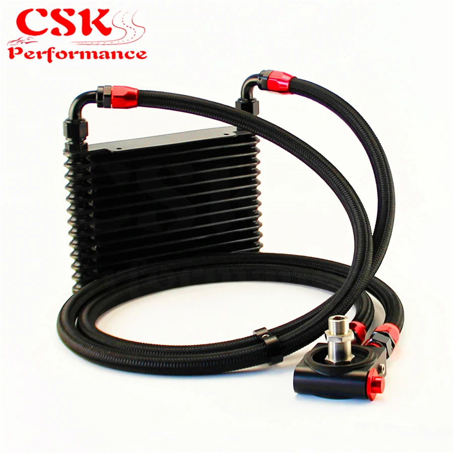 

10AN 32MM 13 Rows Universal Engine Oil Cooler+73 degree Thermostat Sandwich Plate kit Black