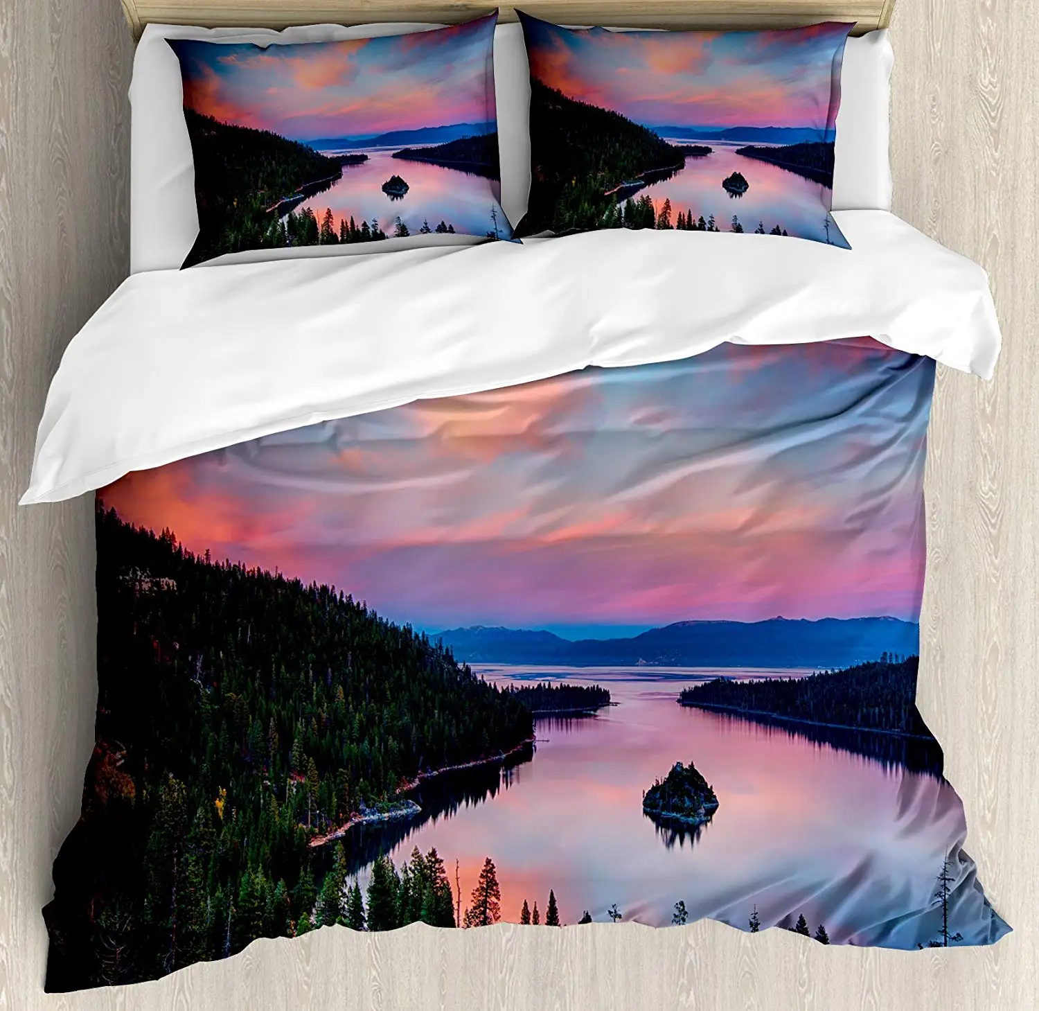 

Lake Tahoe Duvet Cover Set King Size California Photography Rustic Themes Sundown Time Freshwater Sierra Nevada Lake Bedding Set