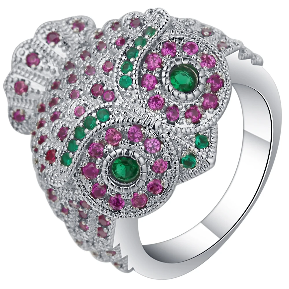 S925 mall owl party engagement rings for women charming pink&green cubic zirconia stone silver