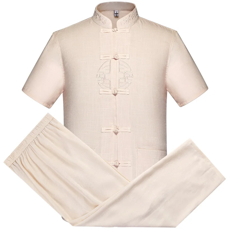 

LOLDEAL Men's Embroidered Tang Suit Set Elderly Large Size Tang Male National Costume Middle-aged Shirt Mens Short Sets