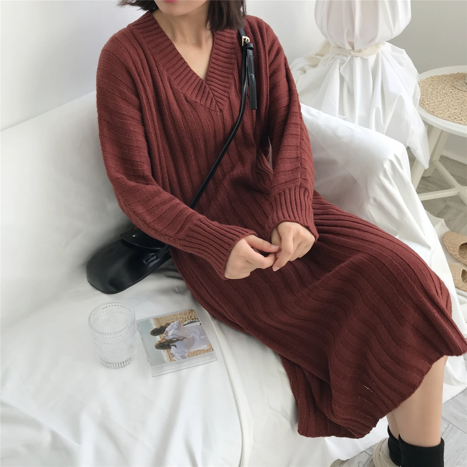 

620# V Neck Thicken Warm Knitted Maternity Long Dress Large Size Loose Sweaters Pullovers for Pregnant Women Winter Pregnancy