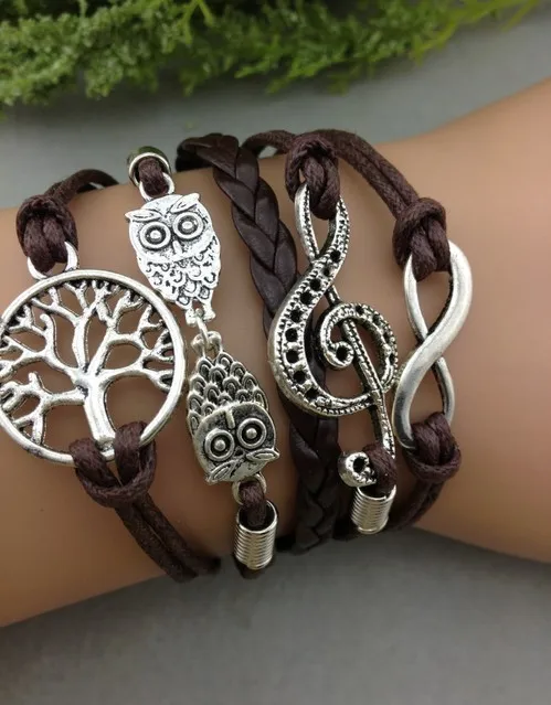 

1pcs Infinity,owls, Tree of life &Musical Note Charm Bracelet-Silver, Wax Cords and Leather Braided Bracelet-1221 Mini order 10$