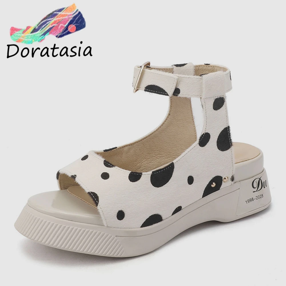 

DORATASIA 2019 New INS Hot Polka Dot Genuine Leather Horsehair Sandals Women Summer Ankle Strap Woman Casual Shoes Woman