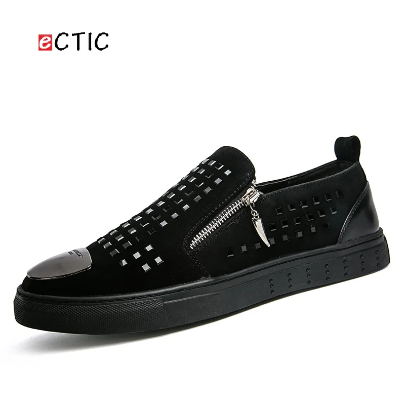 

ECTIC New Summer Hip Hop Shoes Men High Quality Leather Metal Cap Toe Shoes Rivet Dark Black Punk Style