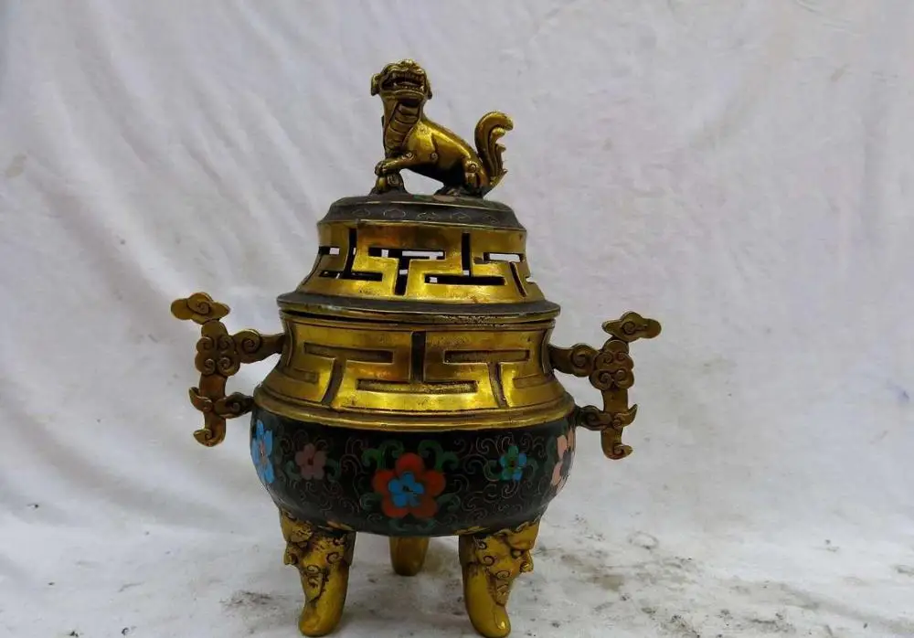 

11" China Cloisonne bronze gild censer Foo Dogs Lion three feet Incense burner