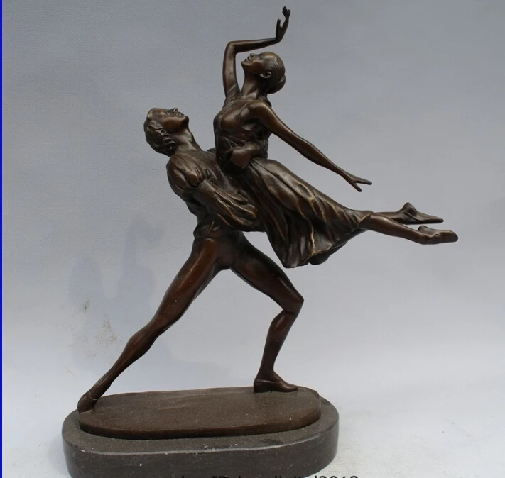 

13"Western Art sculpture Pure Bronze Marble Women Men Dance Statue