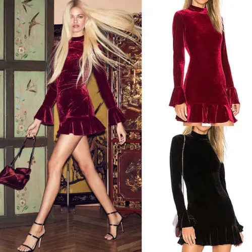 

Women Velvet Party Cocktail Mini Dress Ladies Grace Long Sleeve Skater Dresses