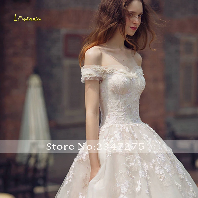 Loverxu Vestido De Noiva, сексуальные платья принцессы с вырезом лодочкой, свадебные платья,, часовня, поезд, Аппликации, расшитые бисером, цветы, кружевные свадебные платья