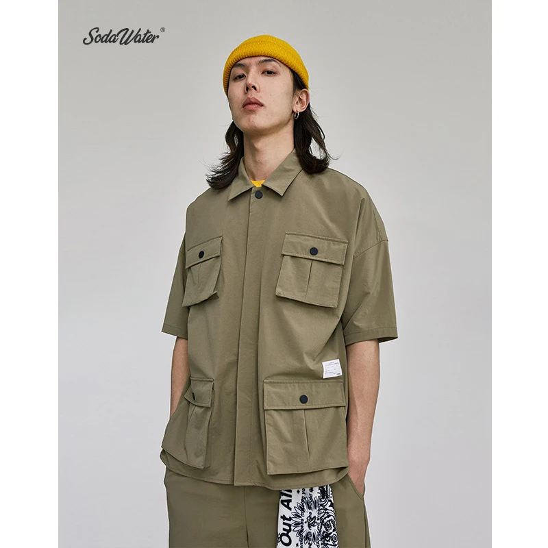 

SODA WATER Streetwear Shirt Hip Hop Loose Multi Pocket Mens Shirts Short Sleeve Oversize Shirts Solid Color Hawaiian Shirt 9212S