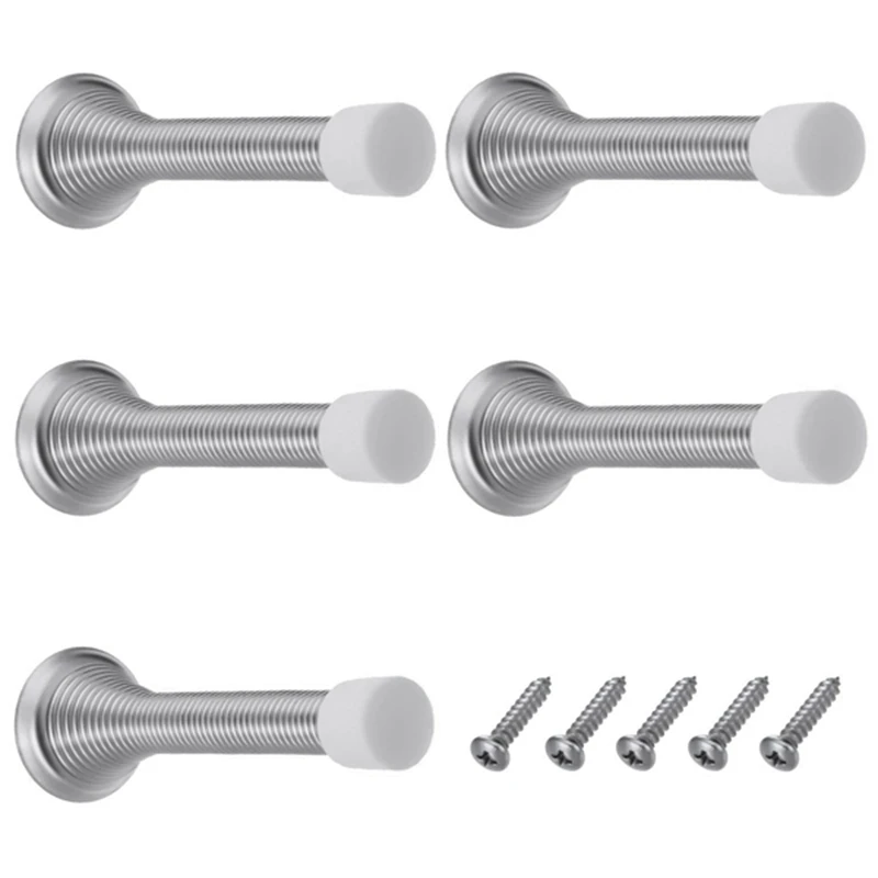 

5 Pack 85 mm Spring Door Stop Metal Door Stoppers with Screws and Base Plate (Silver)