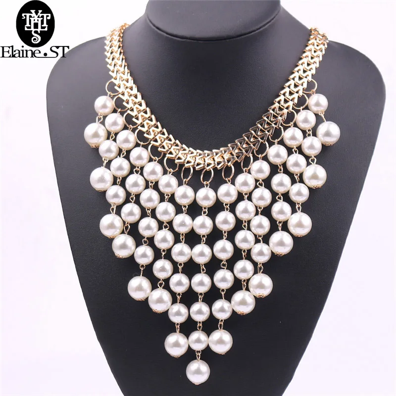 

Multi layer Tassel Pendant Simulated Pearl Jewelry Fashion Beads Gold Collar Necklace Wedding Accessories Fashion Long Necklace