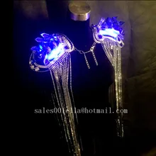 Ballroom Blue Color Light Up Fringed Epaulets Women Crystal Costume Led Luminous Vest Nightclub Party Stage Dress Clothes