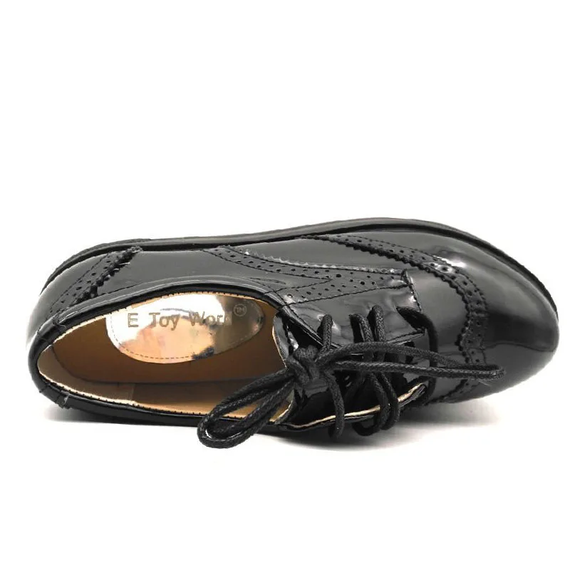 E TOY/весенне-осенние женские оксфорды на плоской платформе; черные туфли с перфорацией типа «броги»; женская повседневная обувь из лакированной кожи; женская обувь на шнуровке