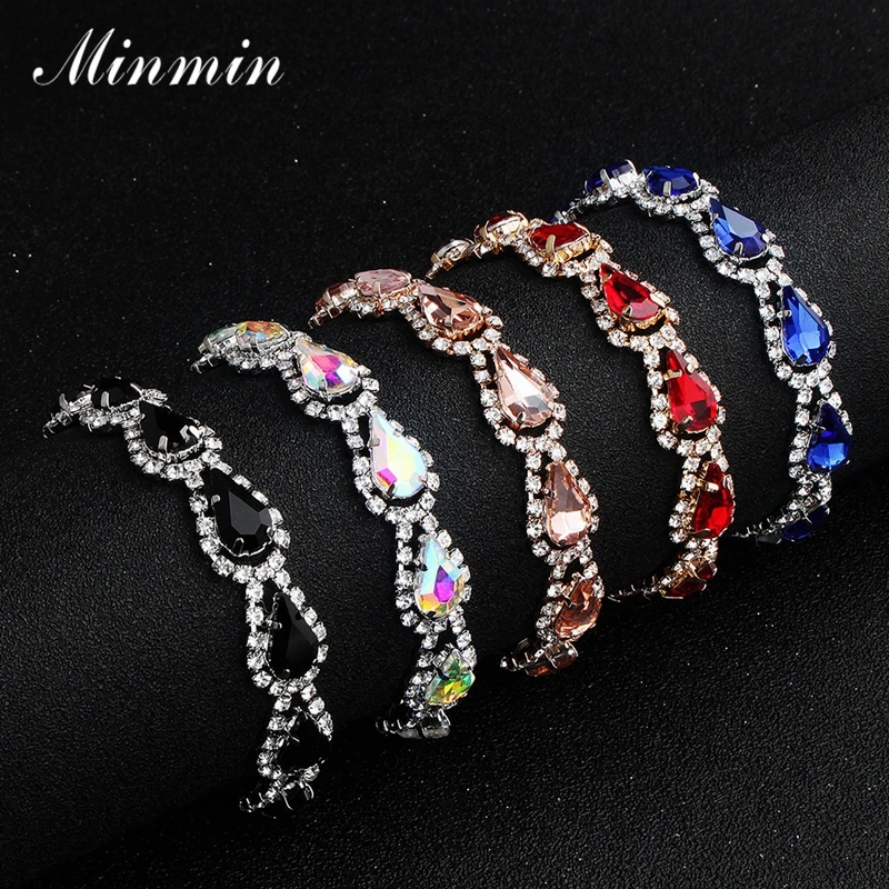 Minmin великолепные 5 цветов, каплевидные Кристальные свадебные браслеты невесты для женщин, браслеты на цепочке, модные аксессуары для девочек SL381