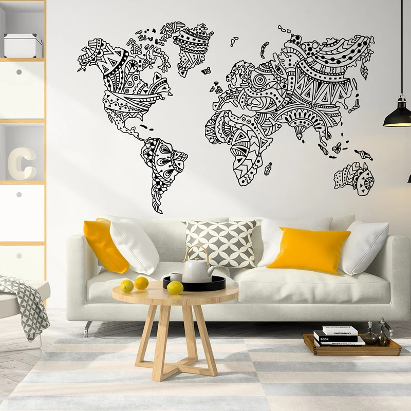 NEW World Map Mandala Wall Decal Boho Decor  World Map Wall Sticker, Bohemian Wall Decor, Decorative World Map Wall ArtA12-012