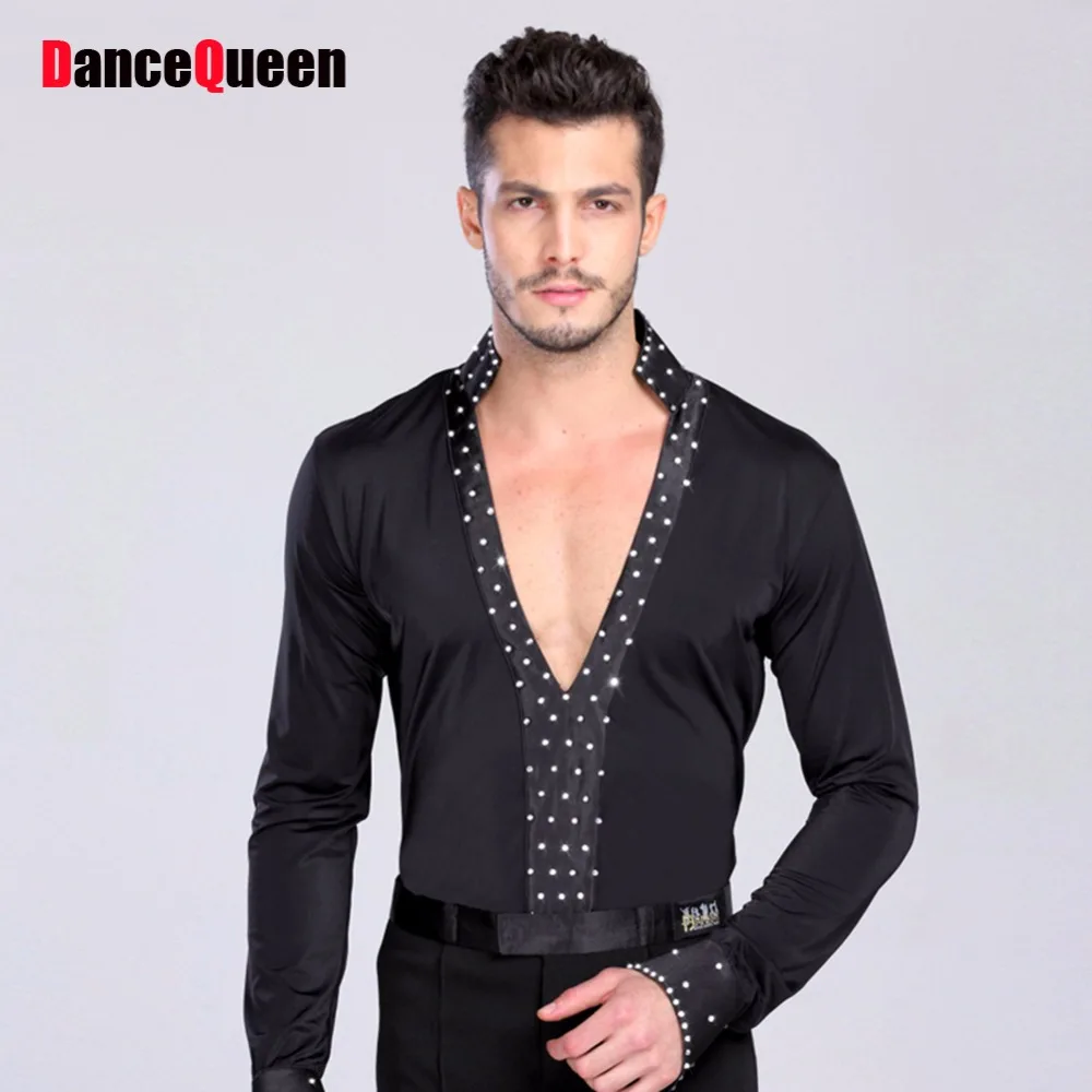 Man Latin Dance Top Black Ballroom Dance Tops Deep V Neck Collar Men