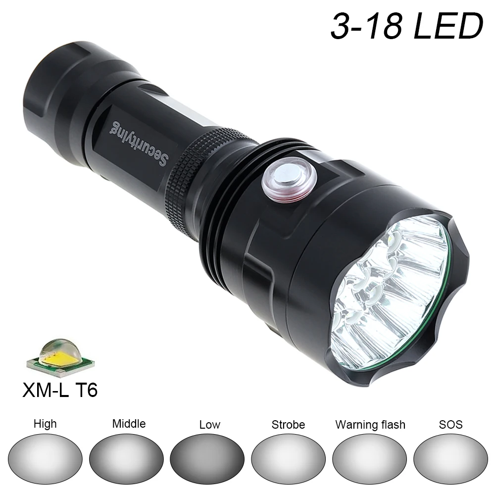 

SecurityIng Waterproof LED Flashlight Super Bright 18x XM-L T6 LED 9000Lumens 6 Modes Lamp Support USB charging Outdoor