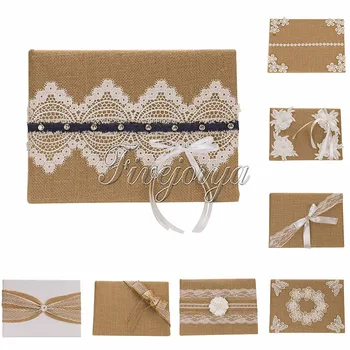 

10 style 16cm x 25cm Handmade Natural Lace Burlap Wedding Guest Book for Bridal Birthday Party Reception Wedding Decor Diy Gifts