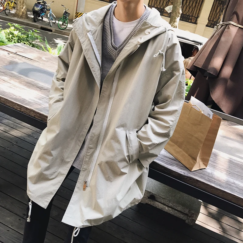 

Casual Cotton Solid Color Thin Zipper Long Sleeve Windbreaker Men Jacket 2018 Autumn Korean Streetwear Cap Loose Coat Homme