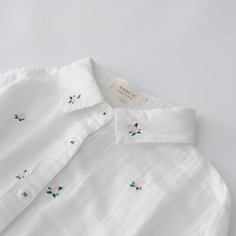 Весенняя милая мягкая хлопковая рубашка с длинными рукавами и вышивкой розы