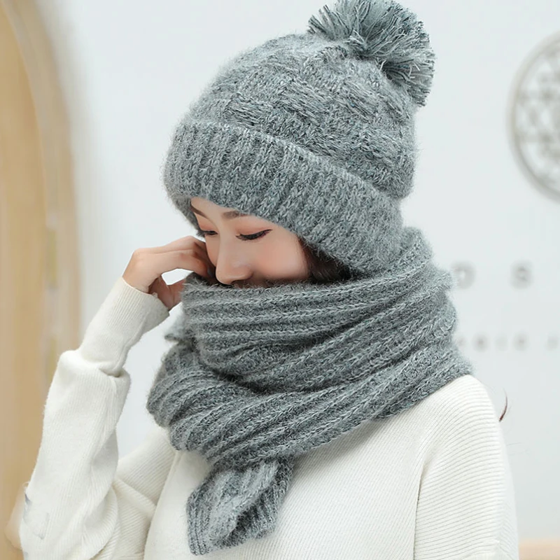 

HT2129 Women Winter Set Thick Warm Hat Scarf Set Ladies Winter Accessories Female Wool Beanie Hat Scarf Women Knitted Hat Scarf