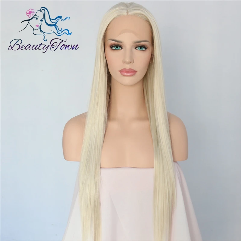 

BeautyTown Handmade Light Blonde Natural Long Straight Style Heat Resistant Fashion Blogger Makeup Synthetic Lace Front Wigs